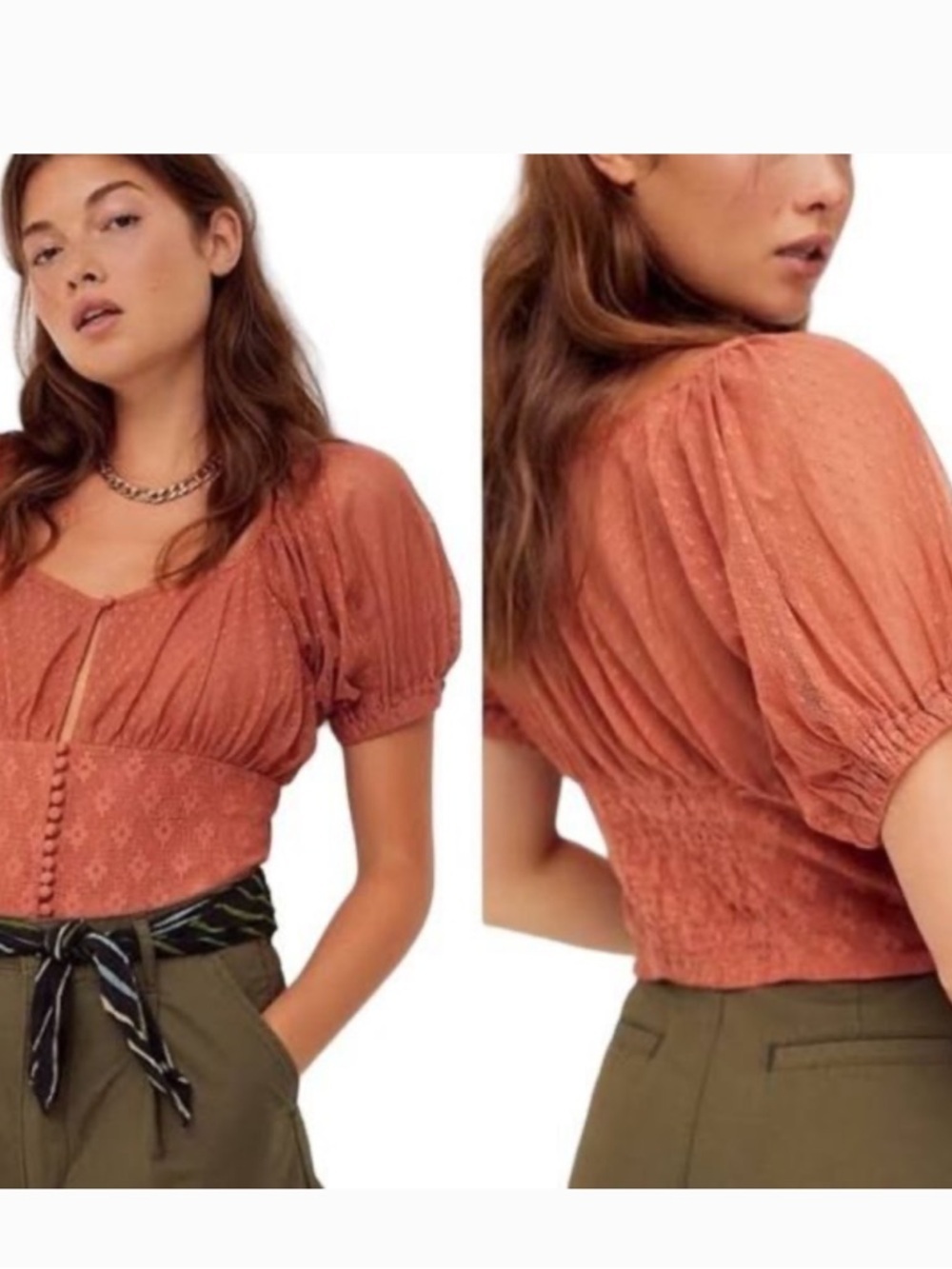 Free People Terra Cotta Puff-Sleeve Smocked Crop Top